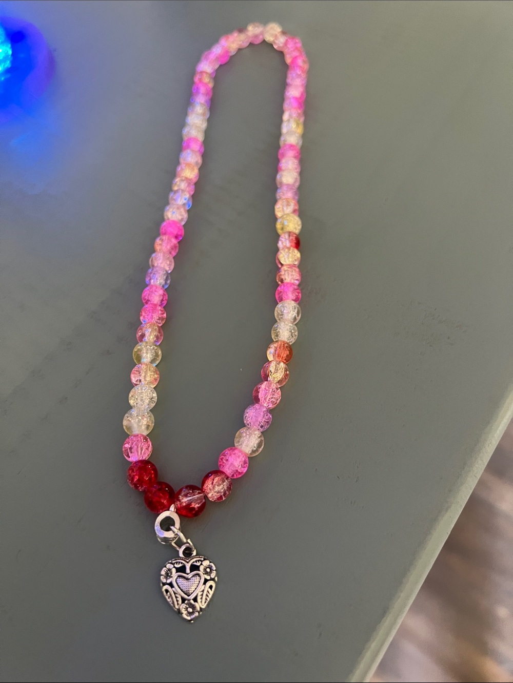 Pink Beaded Heart Pendant Necklace - handmade
